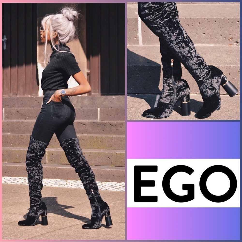 EGO ‘Shireen’ Black Crushed Velvet OTK Boots